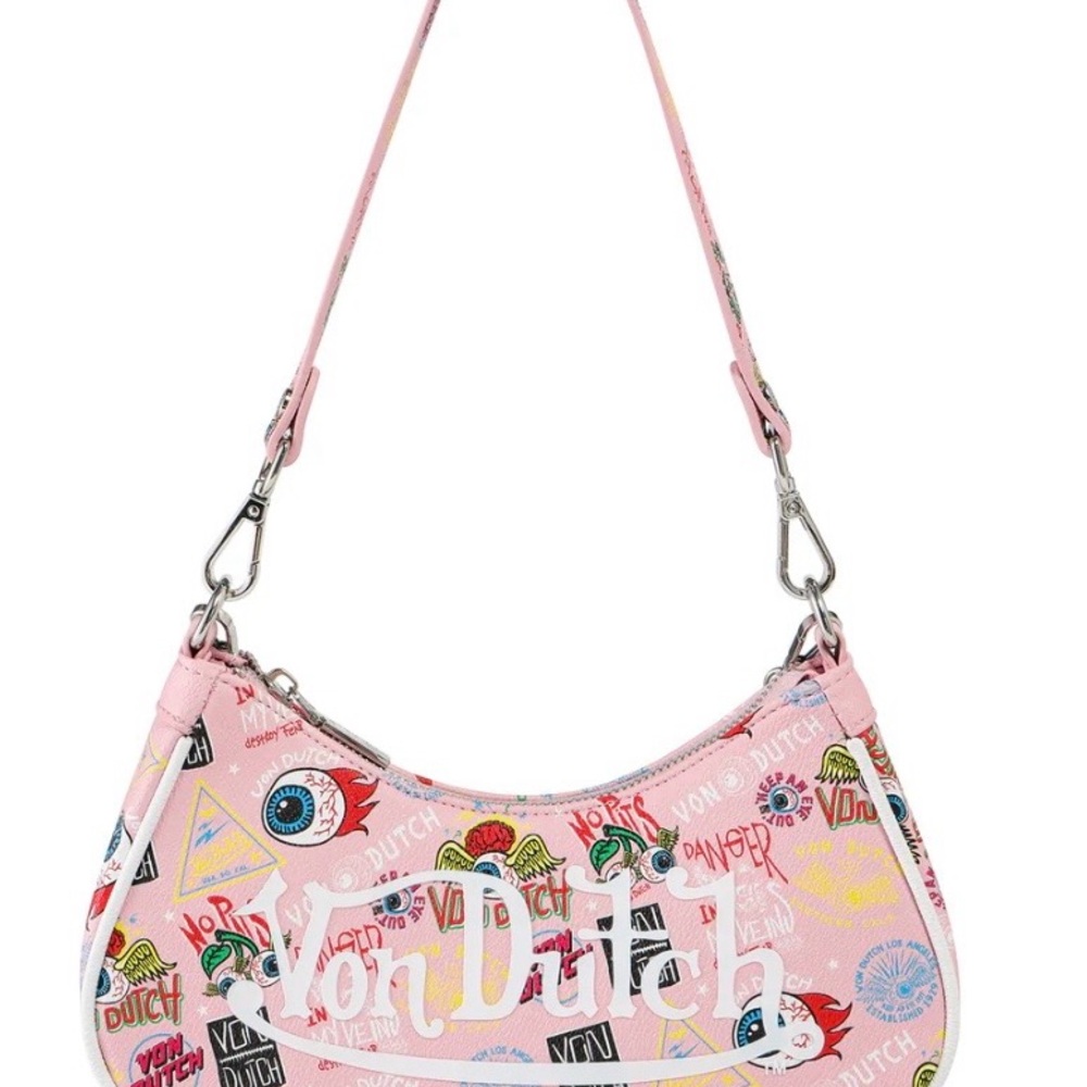 Von Dutch Pink Graphic Logo Shoulder Bag with Multicolor Accents